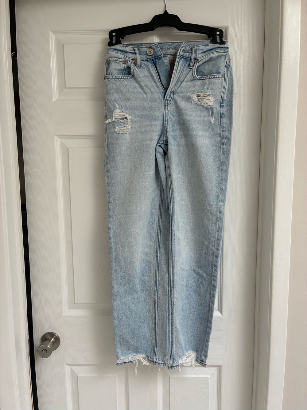American Eagle Outfitters Light Blue Straight Leg Jeans with Distressed Detail